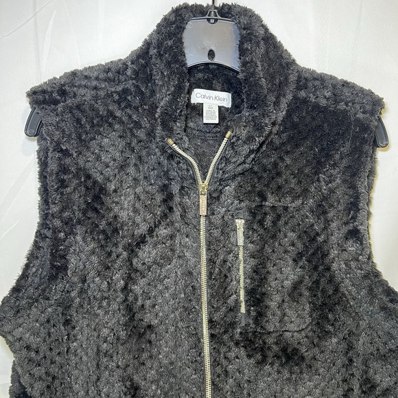 Calvin Klein Vest Womens‎ Large Black Fuzzy Front Zip Sleeveless Cozy Warm Nice - Picture 4 of 7